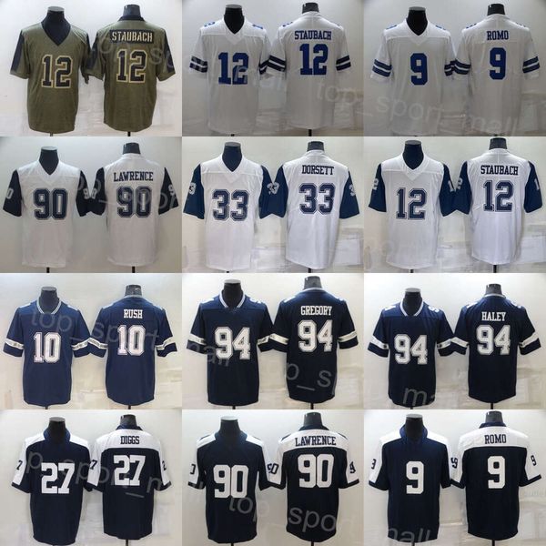 Calcio maschile 90 Maglie DeMarcus Lawrence 9 KaVontae Turpin 12 Roger Staubach 33 Tony Dorsett 10 Cooper Rush 27 Jayron Kearse Saluto del Ringraziamento all'uniforme di servizio