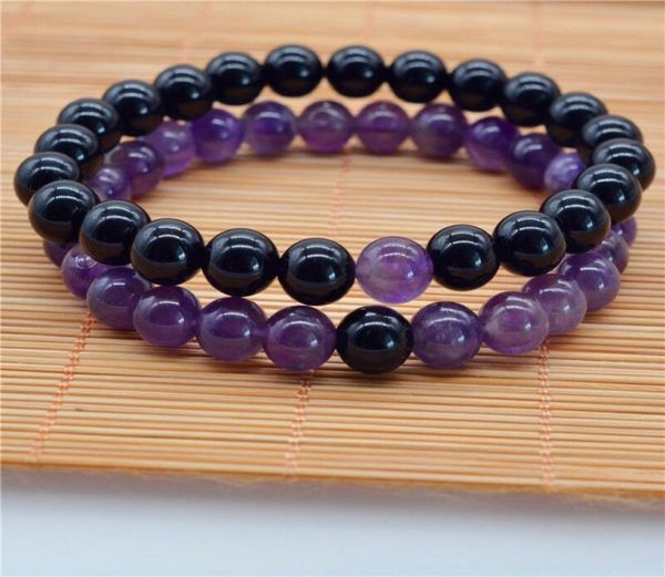 Natürliches 810 mm lila Amethyst-Schwarz-Achat-Runden-Edelstein-Paar-Armband2814953