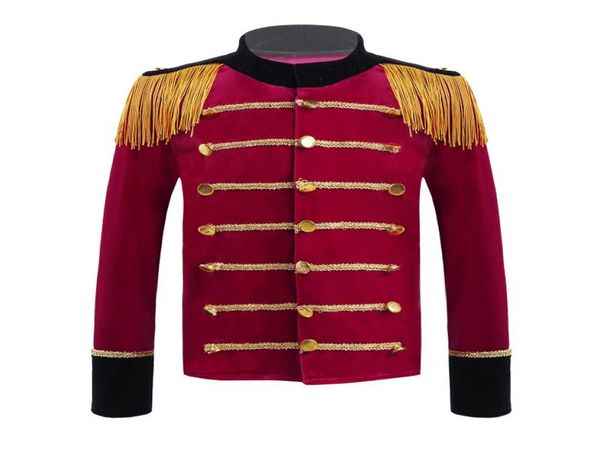 Giacche 416 Rosso Bambini Ragazzi Costume da circo Velluto Cappotto a maniche lunghe Nappe intrecciate dorate Tamburo Tromba Squadra Guardia d'onore Performance Un9492587