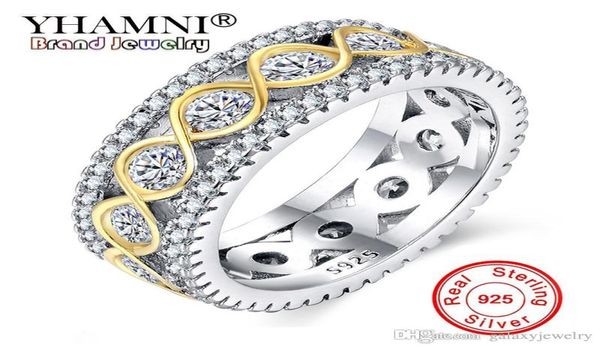 YHAMNI 100 anillos de plata macizo 925 auténtico para mujer, anillos de boda pequeños con circonita envolvente, joyería de circón dorado a la moda, RA01484812418