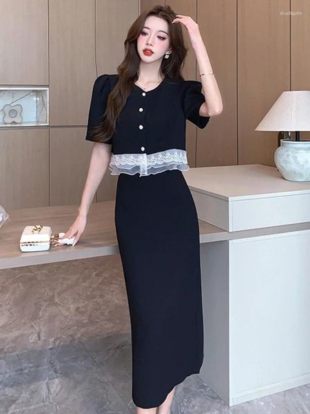 Arbeitskleider Sommer 2-teiliges Outfit für Frauen Schwarz Preppy Formal O-Ausschnitt Lose abgeschnittene Tops Hemdbluse Midirock Mujer Set Street