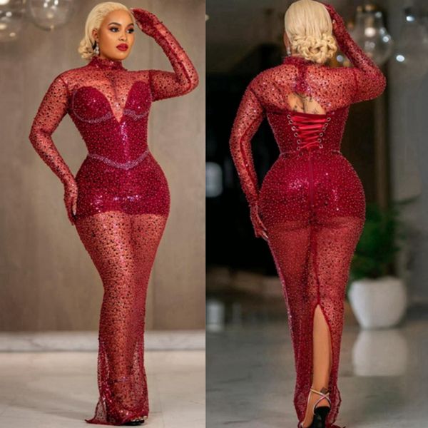 Plus size aso ebi vestidos de baile para ocasiões especiais ilusão sereia lantejoulas rendas vestidos de noite baile segunda recepção vestidos de noivado vestido de festa NL145