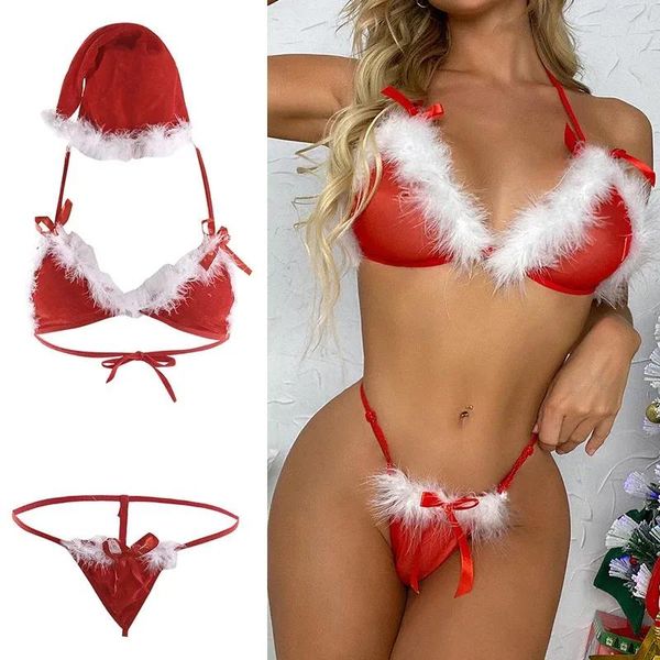 Conjunto sexy conjunto santa lingerie senhora natal vermelho veludo fofo conjuntos de biquíni sutiã g string tanga chapéu 3 pçs bandagem exótica com pena 23112