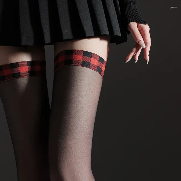 Frauen Socken Rot Schwarz Plaid Strümpfe Für Sexy Erweiterte Hohe Weibliche Knie Länge Oberschenkel Lolita Seide Gitter Lange