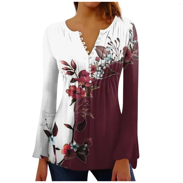 T-shirt da donna T-shirt casual alla moda Top con scollo a V stampato a fiori Maniche lunghe svasate Camisetas con bottoni pressati