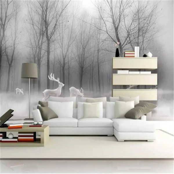 Wallpapers mural papel de parede nórdico floresta elk abstrato madeiras preto e branco paisagem decoração casa sala de estar cobrindo papéis de parede