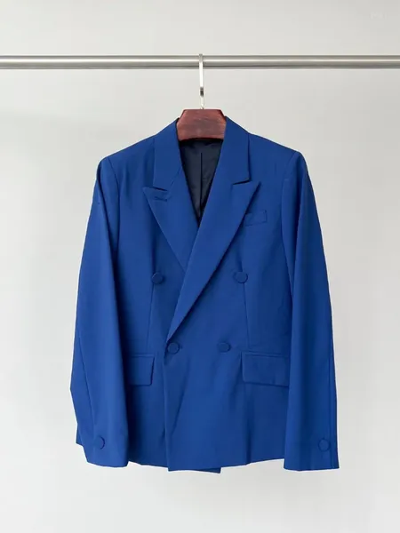 Ternos femininos femininos blazer de lã azul duplo breasted solto manga longa simples escritório senhora terno casaco