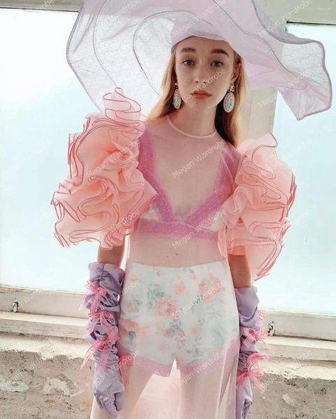 Abiti casual in tulle rosa sovrapposto trasparente trasparente attraverso il vestito da festa maxi da donna extra gonfio sexy con fiori fatti a mano
