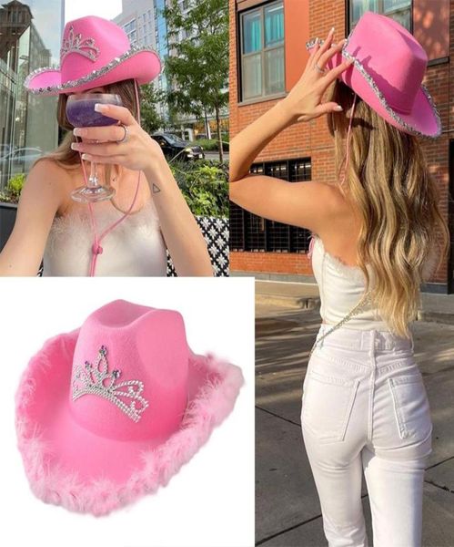 Cappelli a tesa larga Cappello da cowboy rosa LED Tiara Women039s Decorazione pelosa con paillettes Cappello da festa di moda deformato stile occidentale Cowgirl Costu1177509