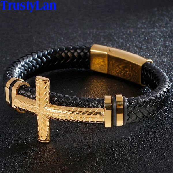 Chokers Geflochtenes Leder-Wickelarmband für Männer, vergoldeter Edelstahl, christliche Kreuz-Armbänder, Armreifen, religiöser Schmuck für Männer