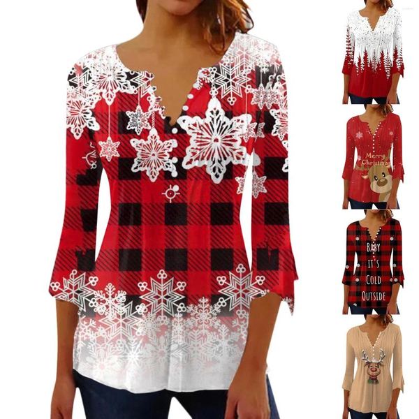 Kadınlar bluzları Noel Baba grafik baskı bluzu Noel Hediyesi Kar Tanesi Düğmesi V Boyun Gömlek Vintage Uzun Kollu Üstler Blusas Noel