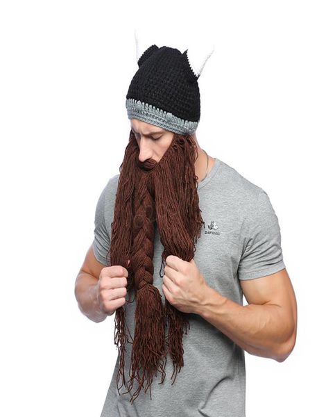 Мужская зимняя шапка с усами и косой на Хэллоуин, забавная шапка для косплея, варвар, бродяга, викинг, борода, шапка с рогом, теплая шерстяная вязаная шапка, маска5977789