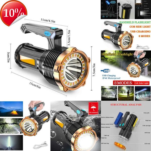 Yeni Taşınabilir Fenerler Yüksek Lümen LED+Cob Flashlight USB Şarj Edilebilir Elde Taşınabilir El İşi Hafif Spot Işığı Su Geçirmez Kamp Işık Torçu Pilli