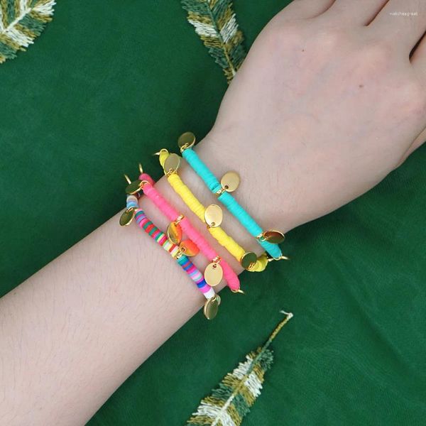 Pulseras de arcilla en rodajas de colores hechas a mano, cuerda elástica de polímero de arcoíris, conjunto de pulseras bohemias con cuentas, brazaletes apilables para Surf en la playa