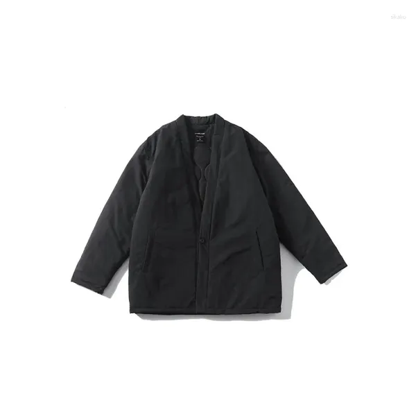 Мужские куртки, японская винтажная куртка 2023, осень и зима, халат в китайском стиле с деревянными пуговицами, однотонное стеганое свободное пальто