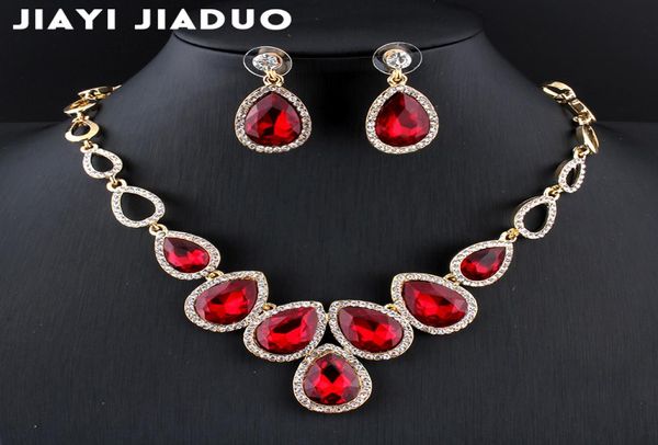 Ganzes jiayijiaduo afrikanisches Schmuckset Goldfarbenes Kristall-Halsketten-Set und Ohrringe für Frauen Roter Kristall-Hochzeitsschmuck9898239