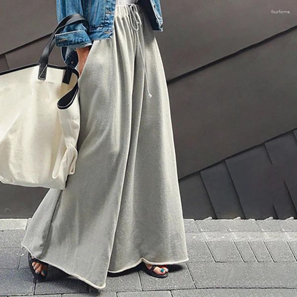 Pantalon femme Lemongor mode ample urbain gris jambe large taille élastique 2023 été décontracté haute rue coton pantalon pour les femmes