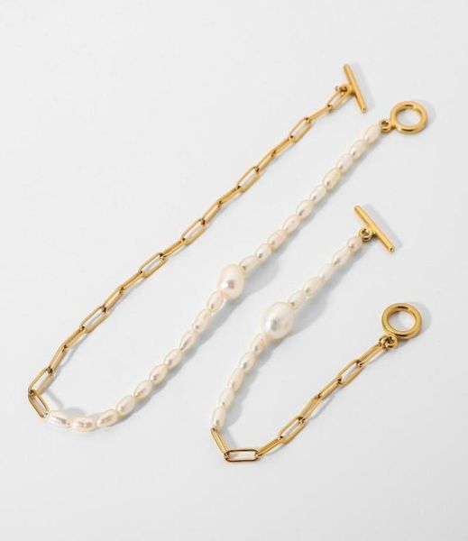 Gliederkette 18 Karat vergoldetes Edelstahlarmband Halskette für Frauen Halbe Süßwasserperle OT Stick Buckle Chokers Schmuck7938365
