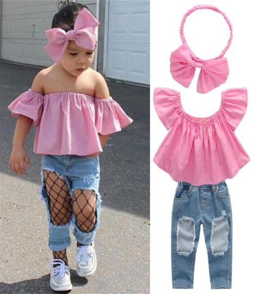 Летний комплект детской одежды для маленьких девочек, розовый топ, рваные джинсы, джинсовые штаны, повязка на голову с бантами, комплекты из 3 предметов, детская дизайнерская одежда Girls7326297