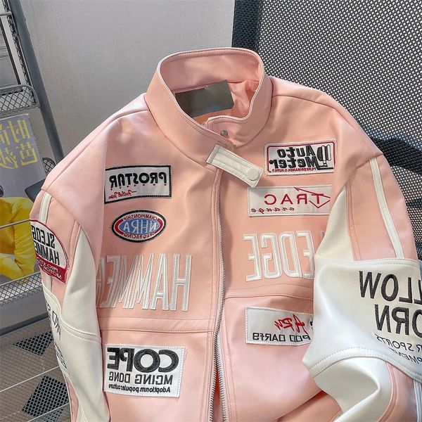 Трендовая мотоциклетная куртка в стиле хип-хоп, женская кожаная американская розовая куртка Y2K, ветрозащитные куртки высокого качества с вышивкой 231226