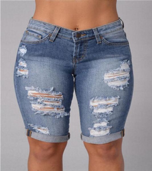 Diz uzunluğu kadınlar için yırtık 2016 yaz punk delikleri denim şort kot pantolon taille haute seksi midi bel dsitressed jeans2089248