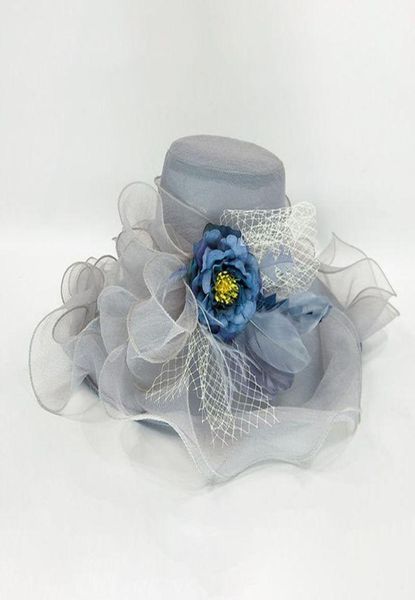 Cappelli a tesa larga Donna Velo a rete Cappello da sole Increspature Fiore artificiale Piuma Grande festa nuziale Fascinator Cap D08E12852500