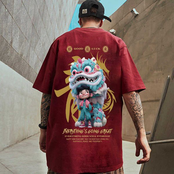 Moda masculina wear 2024 dragão ano chinês novas roupas casal vermelho manga curta camiseta solta hip-hop metade versátil