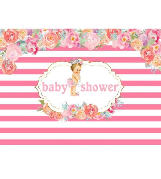 Rosa und weiß gestreifter Babyparty-Hintergrund, bedruckte Blumen, Neugeborenen-Pografie-Requisiten, kleine Prinzessin, königlicher Geburtstagshintergrund8581927