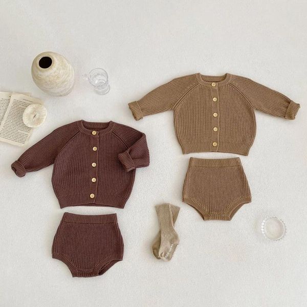 Giyim Setleri 3666C Bebek Seti Örme Kazak Takım 2023 Sonbahar Pamuk İplik Çukuru Net Boy'un İki Parçası Hardigan Palto Pantolon