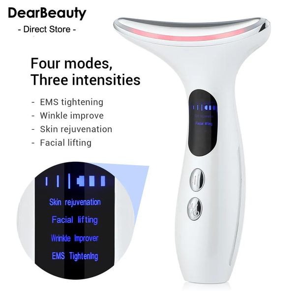 Dispositivi Dispositivi per la cura del viso Calore EMS Massaggiatore viso e collo ION LED Terapia Pon Dispositivi di bellezza per il sollevamento Rimuovi il doppio mento Antirughe Cura della pelle