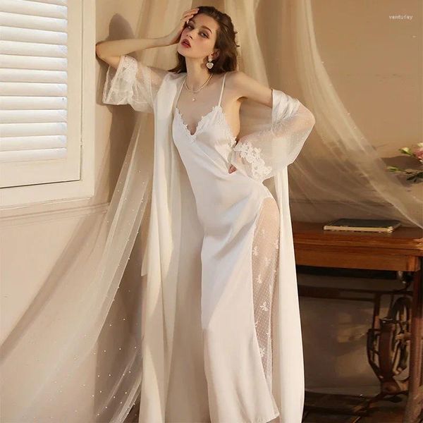 Kadın pijama kadınları saten dantel samimi set 2pcs Nightgown Sexy Lady Robe Gelinler Gelinlik M-XL