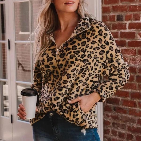 Damenjacken Winter für Frauen 2024 Leopardenmuster Mantel Langarm Stehkragen Reißverschluss Mantel Tops Warm Plus Size