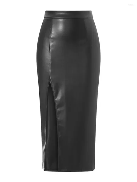 Юбки Юбка для женщин из искусственной кожи с высокой талией и разрезом, сексуальное облегающее элегантное миди для вечеринок, Клубная одежда Y2k
