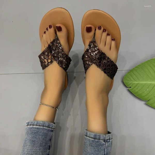 Chinelos de lantejoulas flip-flops para mulheres sapatos verão ao ar livre tamanho grande 43 moda plana confortável praia