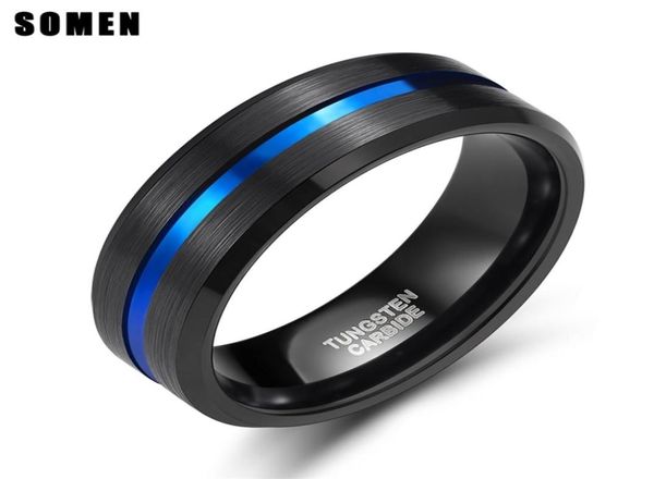 Anel de carboneto de tungstênio masculino, 8mm, linha azul, preto, para noivado, casamento, joias, anel maçônico, bague homme 2012186587610