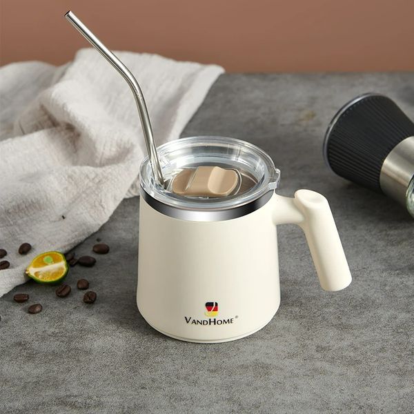 18/8 Edelstahl Kaffeetasse Auslaufsicherer Teemilchbecher Wasserbecher mit Strohhalm Küchentrinkgeschirr für Kinder Erwachsene