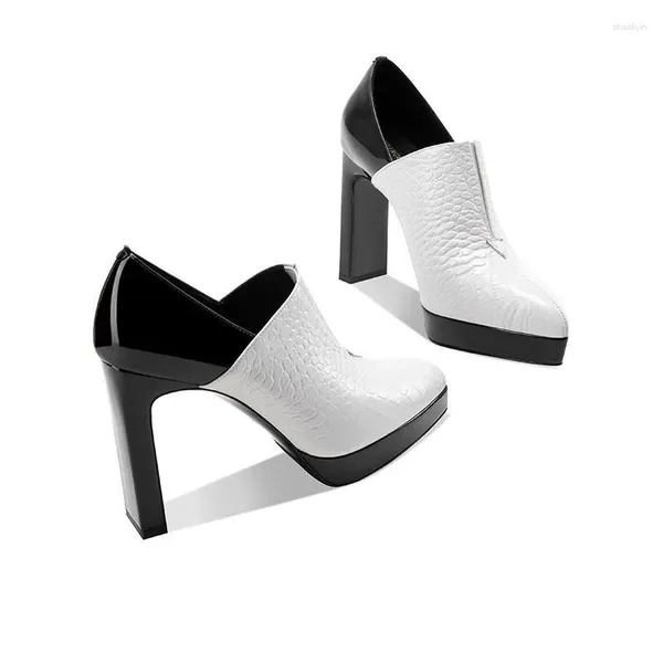 Kleidschuhe FHANCHU 2023 Design Frauen Plattformpumpen Rindsleder High Heels Frühling Spitze Zehe Slip auf Weiß Dropship