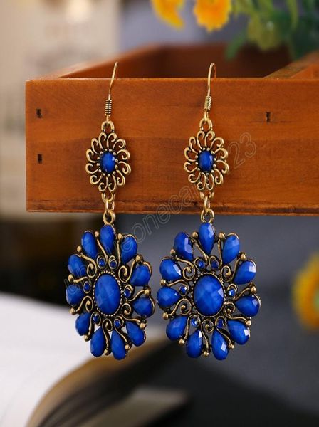 Brinco pendente retrô com pedra de flor azul, para mulheres, formato de girassol, cor dourada, brincos pendentes, jhumka, joia indiana 4527220