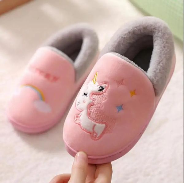 Unicórnio Crianças Chinelos para Criança Meninos Sapatos Indoor Bebê Menina Fur Slides Algodão Flip Flop Quente Inverno Casa Crianças Chinelo 231226