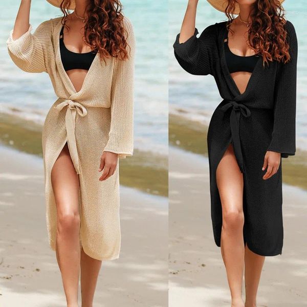 Mulheres Swimwear Capa Na Praia Plus Size Cover Up Maiôs Para Mulheres Roupão Saida De Praia Cor Sólida Manga Longa Respirável Sexy