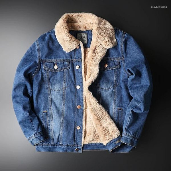 Herrenjacken Winter Hochwertige Jeansjacke Lässige Einfarbige Denim Plus Samt Warmer Pelzkragen Große M-5XL