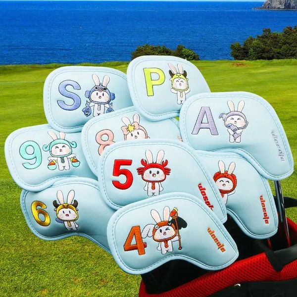 Copri ferri da golf Ricamo Bunny Copricapo per driver da golf in pelle PU 9 pezzi Copri testa di protezione Accessorio da golf 231225