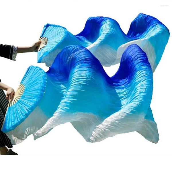 Palco desgaste de alta qualidade fãs de dança de seda chinesa 1 par barriga adereços 180 90cm listras verticais azul real turquesa branco
