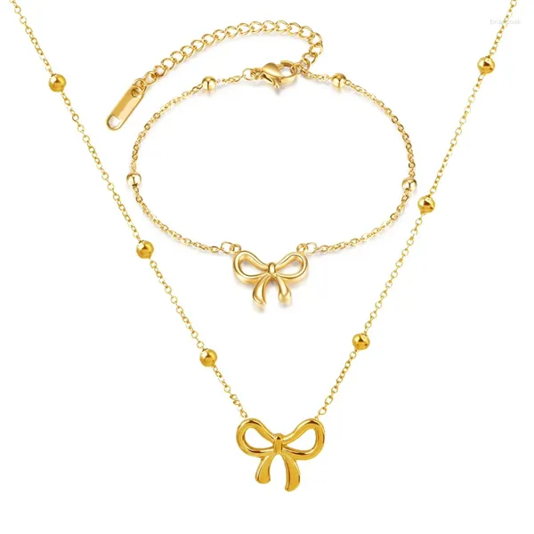 Collana orecchini set braccialetto con fiocco per donne ragazze bowknot girocollo collane con nastro placcato oro 14 carati regali di gioielli di moda