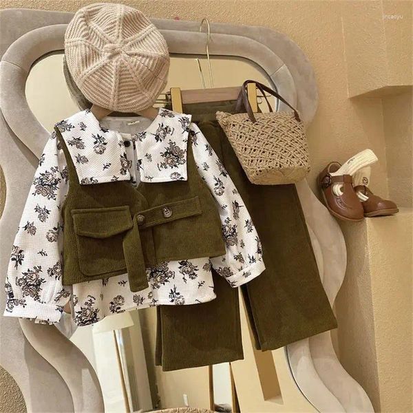 Kleidung Sets Kinder 2023 Frühling Herbst Koreanischen Stil Mädchen Modische Casual Süße Cord Weste Hemd Hosen Baby Drei Stück Set