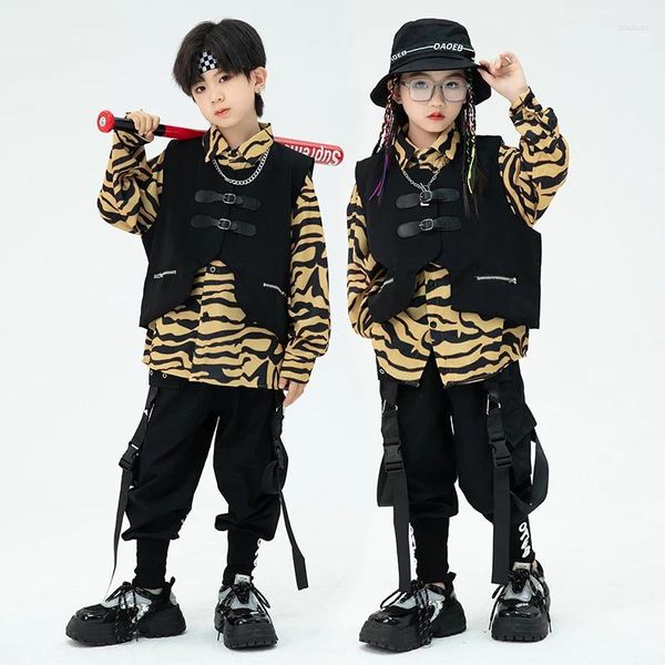 Abbigliamento da palcoscenico Abiti da ballo moderni Hip Hop per adolescenti Bambini Gilet nero Pantaloni cargo Maniche lunghe Abito da strada Ragazze Ragazzi Costume BL9304