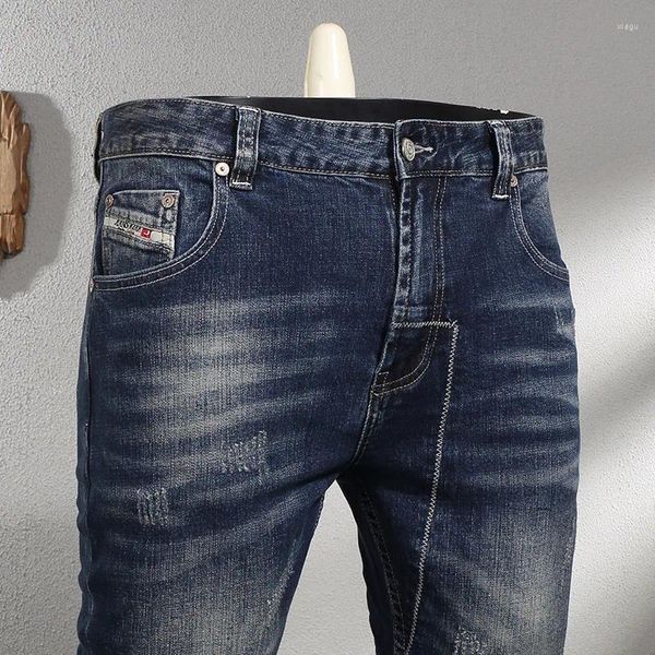 Jeans masculinos 2024 primavera azul escuro lavado desgaste-branco vintage angustiado estiramento fino-encaixe pequeno estilo coreano na moda