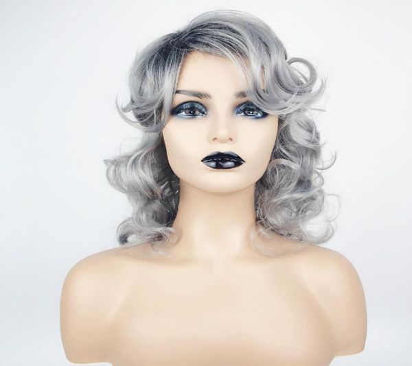 Parrucca sintetica riccia ondulata di colore grigio Simulazione Parrucche di capelli umani Posticci per donne in bianco e nero Parrucche K413520324