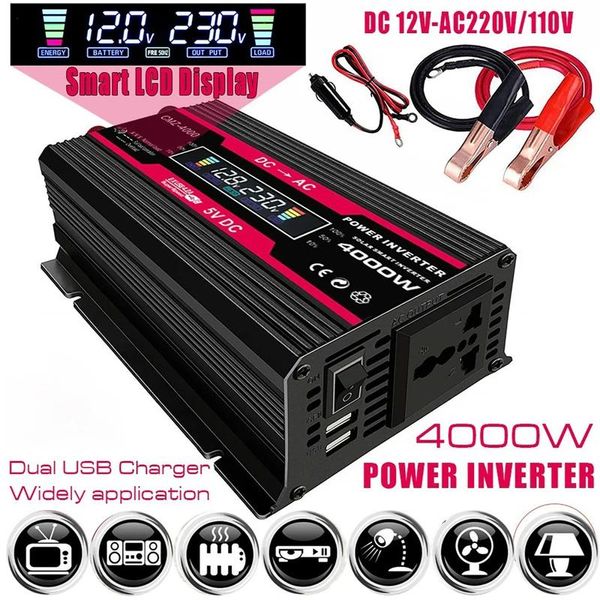 Acessórios 4000W Display LCD Inversor de energia solar 12V a 110V / 220V USB modificado transformador de tensão de onda senoidal Adaptador de carro conversor de carga