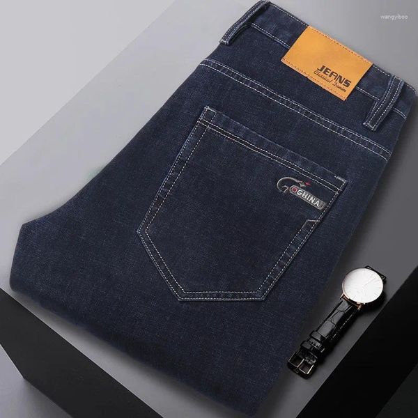 Jeans da uomo primavera e autunno spessi elasticizzati resistenti all'usura larghi dritti profondi abiti di mezza età a vita alta